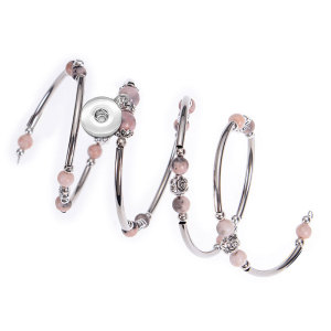 Natural Pink Zebra Stone Wrapped Bracelet with Multi Loop Layered Natural Stone Beaded Flower Pendant Bracelet fit  20MM Snaps button  wholesale