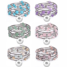 Natural Pink Zebra Stone Wrapped Bracelet with Multi Loop Layered Natural Stone Beaded Flower Pendant Bracelet fit  20MM Snaps button  wholesale