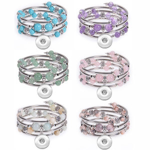 Natural Pink Zebra Stone Wrapped Bracelet with Multi Loop Layered Natural Stone Beaded Flower Pendant Bracelet fit  20MM Snaps button  wholesale