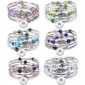 Natural Pink Zebra Stone Wrapped Bracelet with Multi Loop Layered Natural Stone Beaded Flower Pendant Bracelet fit  20MM Snaps button  wholesale