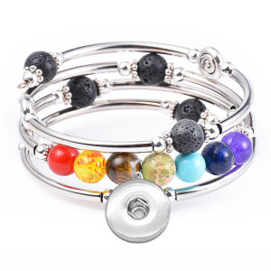 Colorful Natural Stone Wrapped Bracelet Volcano Stone Copper Tube Multilayer Bracelet fit  20MM Snaps button  wholesale