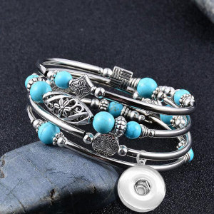 Natural Pink Zebra Stone Wrapped Bracelet with Multi Loop Layered Natural Stone Beaded Flower Pendant Bracelet fit  20MM Snaps button  wholesale