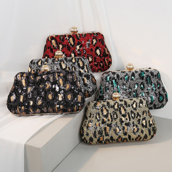 Embroidered sequin leopard print dinner bag