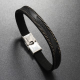 21CM Minimalist striped stainless steel leather bracelet