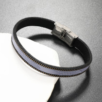 21CM Minimalist striped stainless steel leather bracelet