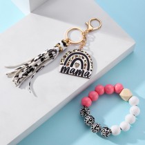 Mother's Day Leopard Pattern Wooden Beads Mama Rainbow Wooden Label Tassel Bracelet Keychain Bookbag Car Pendant