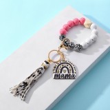 Mother's Day Leopard Pattern Wooden Beads Mama Rainbow Wooden Label Tassel Bracelet Keychain Bookbag Car Pendant