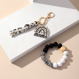 Mother's Day Leopard Pattern Wooden Beads Mama Rainbow Wooden Label Tassel Bracelet Keychain Bookbag Car Pendant