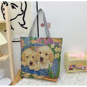 Retro Embroidered Cat and Dog One Shoulder Large Capacity Bag