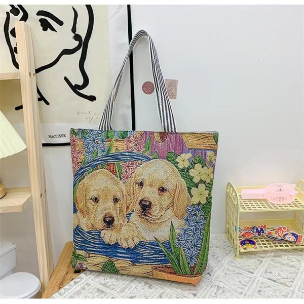 Retro Embroidered Cat and Dog One Shoulder Large Capacity Bag