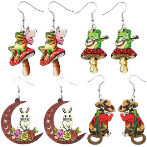 Easter Rabbit Earrings Wooden Vintage Frog Mushroom Moon Flower Fun Earrings