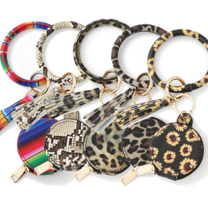 Bluetooth earphone bag PU leather bracelet keychain makeup bag with mirror circular wrist bag