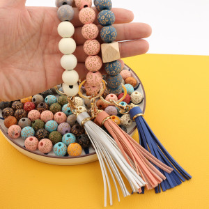 Leopard Pattern Wooden Bead Spot Bracelet PU Leather Tassel Bracelet Keychain