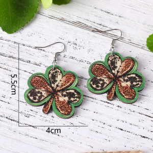 St. Patrick's Day leopard print heart patchwork clover double-sided wooden earrings Irish green knot earrings