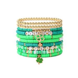 St. Patrick's Day Soft Pottery Green Clover Pendant Irish Festival Lucky Bracelet Set