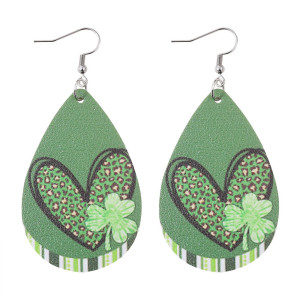 St. Patrick's Day Earrings Irish Green Festival Leopard Pattern Love Clover Earrings Double sided PU Leather Water Drop Earrings