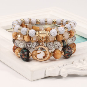 Bohemian Easter Rabbit Pendant with Wooden Beads and Multi layered Elastic Bracelet
