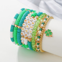 St. Patrick's Day Soft Pottery Green Clover Pendant Irish Festival Lucky Bracelet Set