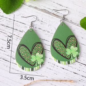 St. Patrick's Day Earrings Irish Green Festival Leopard Pattern Love Clover Earrings Double sided PU Leather Water Drop Earrings
