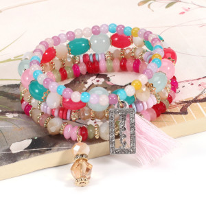 Bohemian HAPPY Tassel Crystal Pendant Multi layered Bracelet