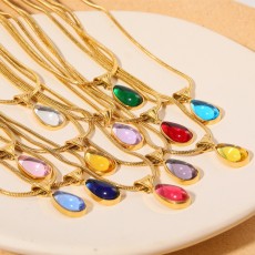 12 Birthstone Necklace Stainless Steel Necklace Crystal Pendant Necklace