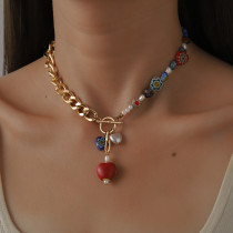 Bohemian ethnic style glass printed love pearl necklace