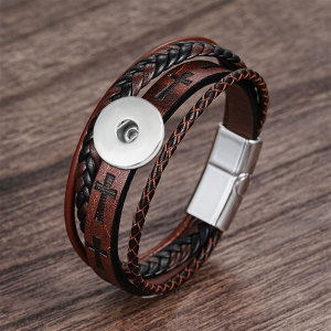 Punk style cross leather bracelet fit 18mm snap button jewelry