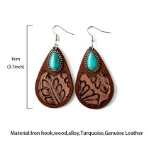Western genuine leather earrings, horse hair leopard print embossed cowhide water droplets, vintage earrings