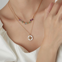 Double layered natural stone necklace with Beimu octagram pendant, stainless steel necklace