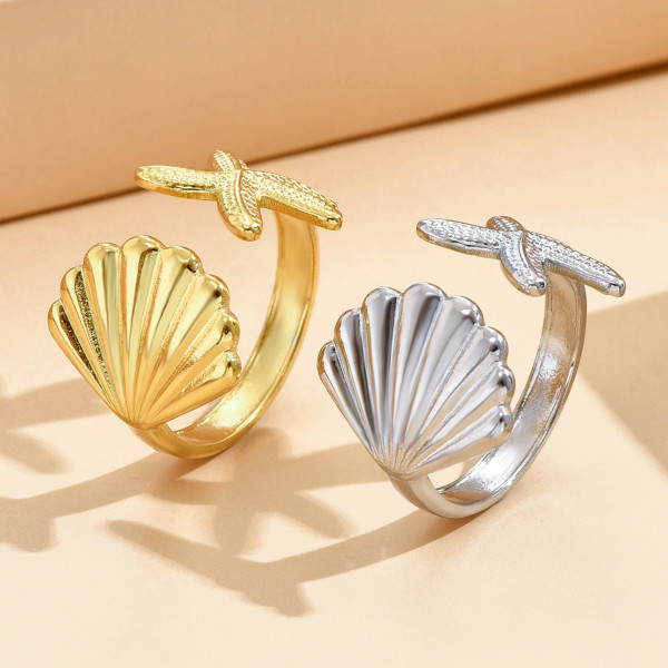 Stainless Steel Vacation Shell Starfish Opening Adjustable Ring