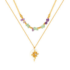 Double layered natural stone necklace with Beimu octagram pendant, stainless steel necklace