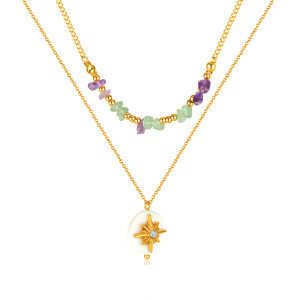 Double layered natural stone necklace with Beimu octagram pendant, stainless steel necklace