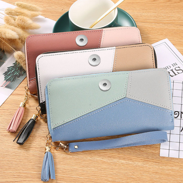 Color blocking splicing long wallet, women's handbag, fashionable large capacity zipper wallet fit 20MM  Snaps button jewelry wholesale