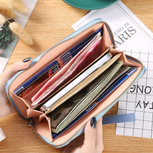 Color blocking splicing long wallet, women's handbag, fashionable large capacity zipper wallet fit 20MM  Snaps button jewelry wholesale