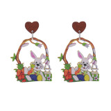 Easter earrings, rabbit flower basket earrings, cute printed Easter eggs, spring wooden earrings