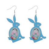 Easter earrings, rabbit flower basket earrings, cute printed Easter eggs, spring wooden earrings