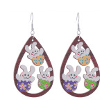 Easter earrings, rabbit flower basket earrings, cute printed Easter eggs, spring wooden earrings