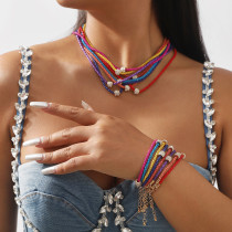 Bohemian fluorescent leather rhinestone bracelet necklace set