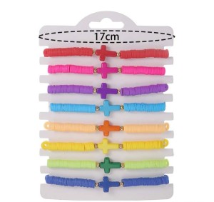 Bohemian Cross Bracelet Set of Eight Solid Color Soft Ceramic Elastic Bracelets