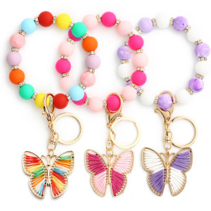 Fashion bracelet with colorful silicone bracelet, diamond keychain, butterfly pendant, silicone bead bracelet