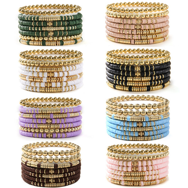 Bohemian style solid color soft clay bracelet 7-piece set with multi-layer stacked round bead beaded elastic bracelet