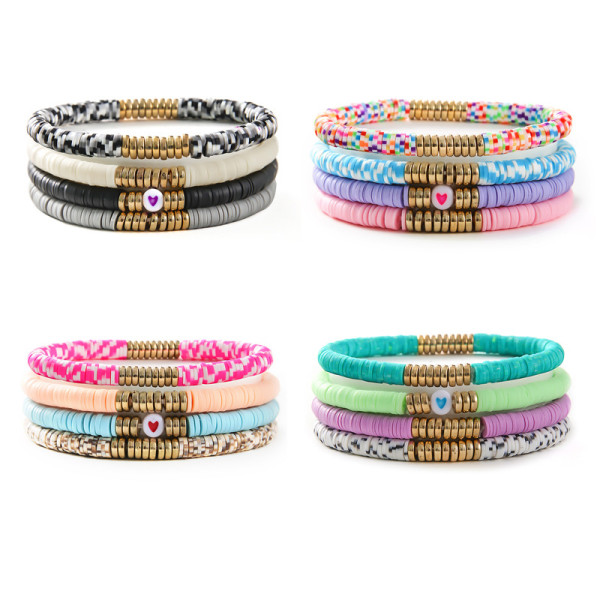 Multi layered acrylic heart-shaped beaded bracelet set of 4 pieces, Bohemian colored soft ceramic elastic bracelet