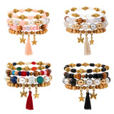 Wooden Bead Tassel Bracelet Set Bohemian Colorful Beaded Star Butterfly Pendant Diamond Ball Bracelet