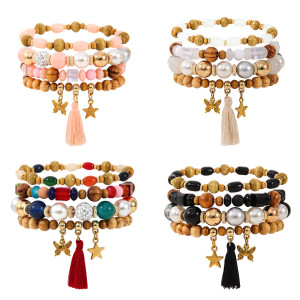 Wooden Bead Tassel Bracelet Set Bohemian Colorful Beaded Star Butterfly Pendant Diamond Ball Bracelet