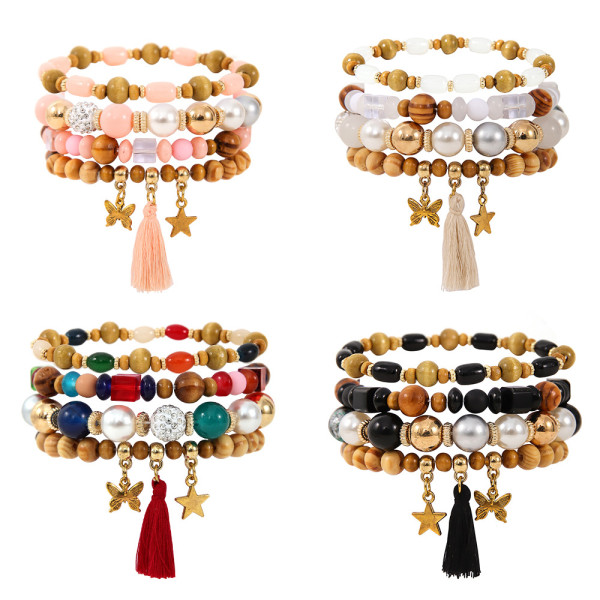 Wooden Bead Tassel Bracelet Set Bohemian Colorful Beaded Star Butterfly Pendant Diamond Ball Bracelet