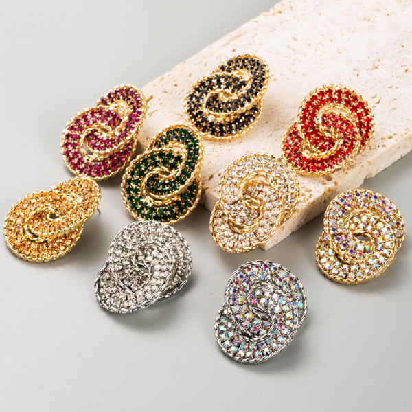 Colored diamond interlocking multi-layer circular alloy diamond inlaid geometric earrings