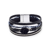 Crystal Diamond Beaded Magnetic Buckle Leather Bracelet