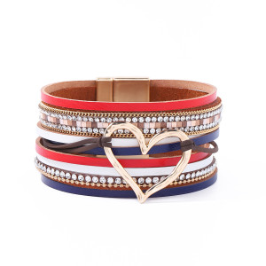 American flag red, blue, and white genuine leather magnetic buckle large pearl bracelet