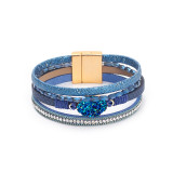 Crystal Diamond Beaded Magnetic Buckle Leather Bracelet