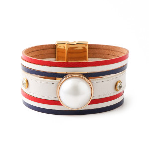 American flag red, blue, and white genuine leather magnetic buckle large pearl bracelet